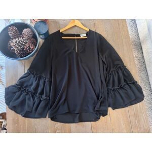 Show Me Your MuMu Black Ruffle Bell Sleeve Sheer Blouse Size Medium